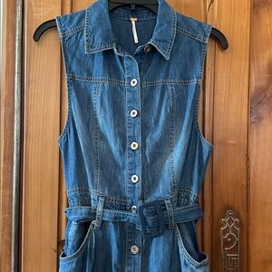 FREE PEOPLE DRESS Blue Denim bohemian sleeveless Maxi with Ruffle Detail